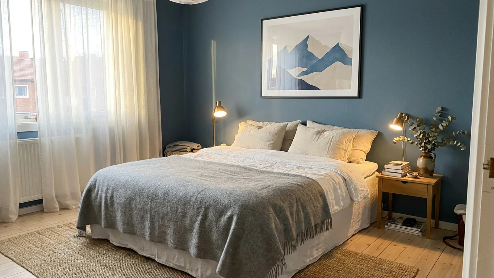 Chambre cocooning avec mur bleu poudré, tableau scandinave abstrait et linge de lit blanc
