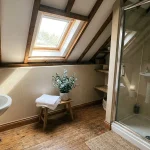 Petite salle de bain mansardée avec lavabo colonne blanc, Velux et douche à l'italienne
