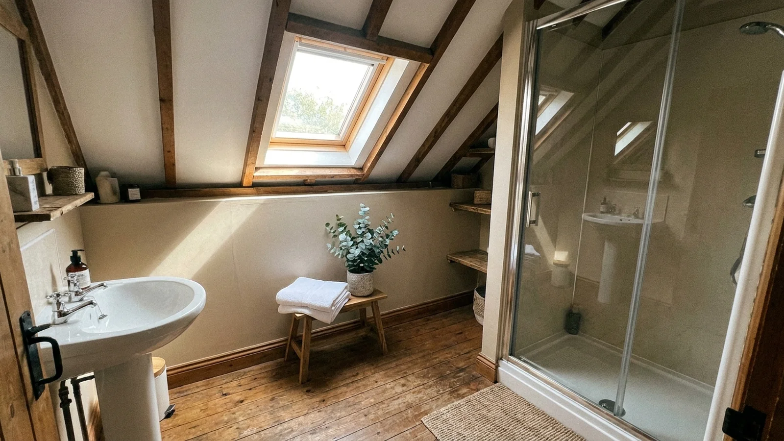 Petite salle de bain mansardée avec lavabo colonne blanc, Velux et douche à l'italienne