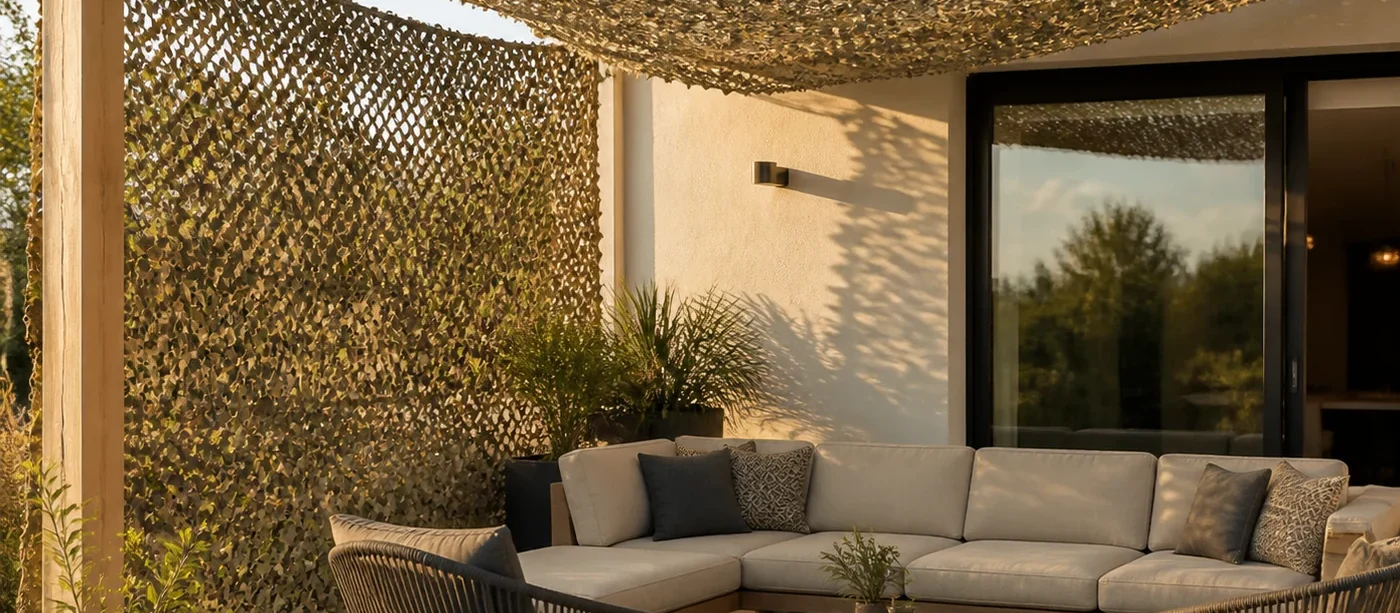 Terrasse ombragée par un filet décoratif