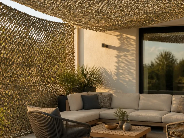 Terrasse ombragée par un filet décoratif