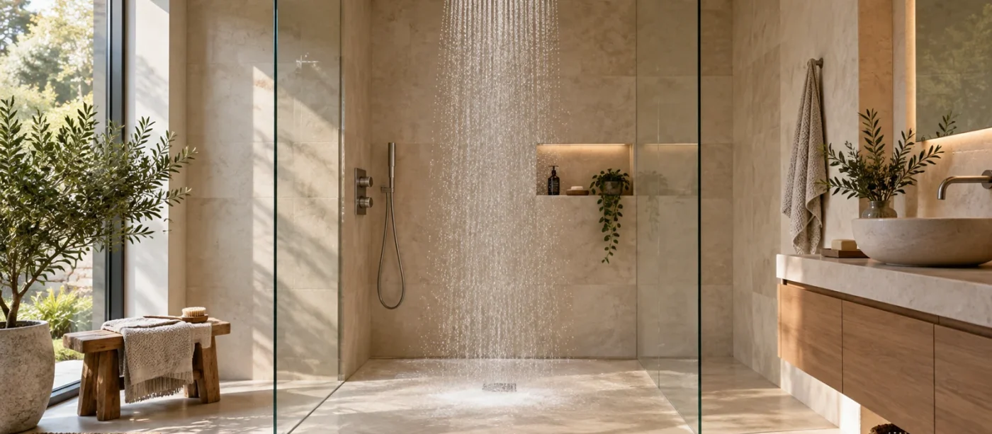 Douche à l’italienne équipée d’un ciel de pluie encastré au plafond